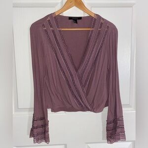 Forever 21 Purple Lace V-neck Bell Sleeve Crop Blouse, Spring, Cute